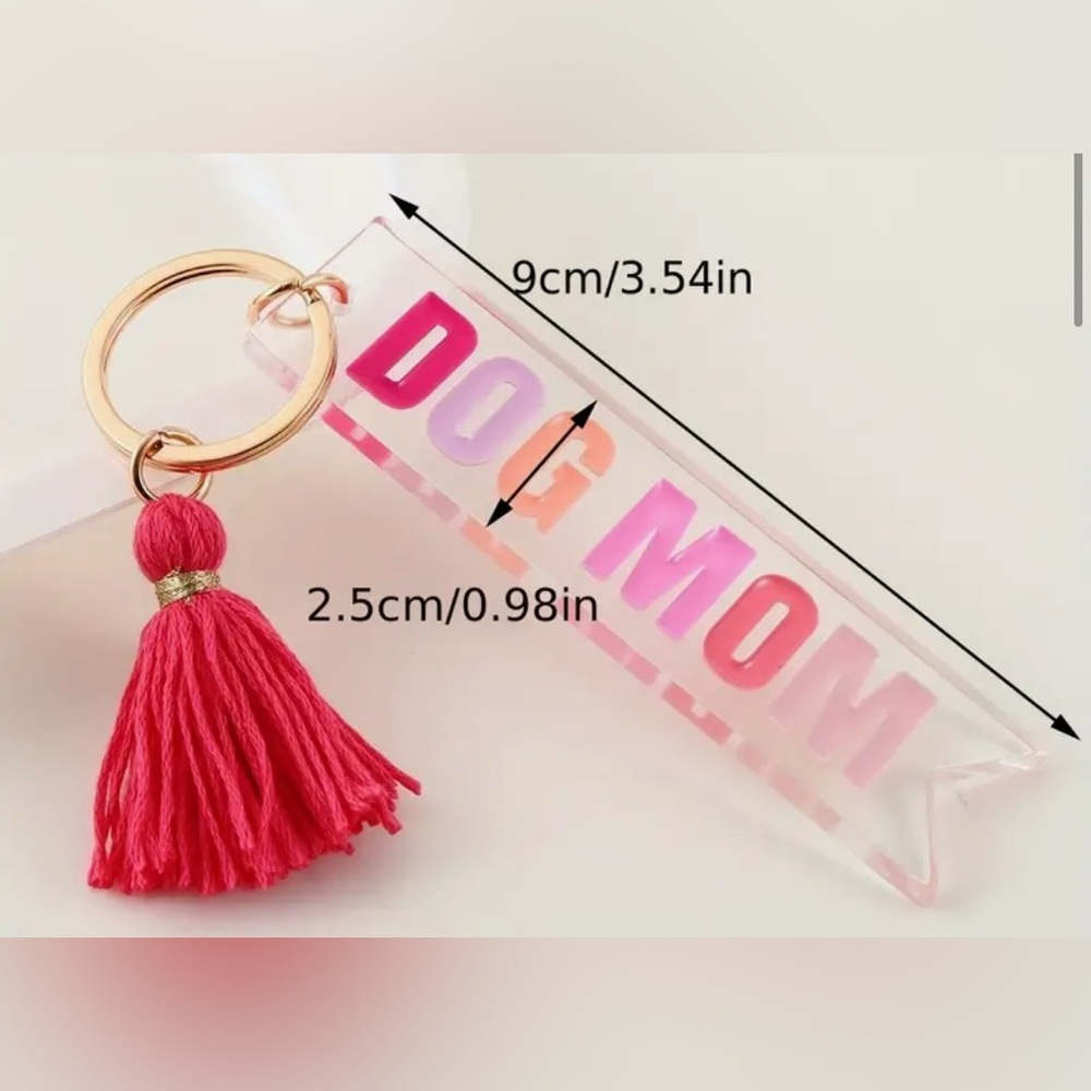 Dog Mom Keychain Acrylic Bag Charm Pink Tassel Pet Lover Gift NEW - Picture 2 of 2